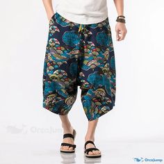 OrcaJump - Beachwear Jogger Pants: Stylish Printed Harem Trouser for Athletic and Leisure Activities Casual Harem Bottoms With Pockets, Casual Harem Pants, Baggy Cotton Harem Pants For Vacation, Vacation Cotton Baggy Harem Pants, Vacation Baggy Cotton Harem Pants, Casual Harem Bottoms For Vacation, Casual Harem Bottoms For Beach, Harem Bottoms With Pockets For Summer, Summer Harem Bottoms With Pockets