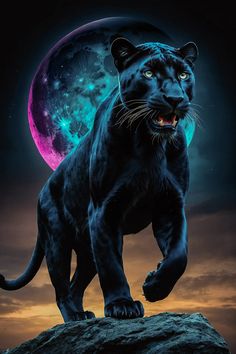 a black panther standing on top of a rock in front of a full moon sky