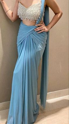 Sky Blue Colour Saree, Saree With Silver Blouse, Blue Colour Saree, Diwali Dress, Saree Skirt, Saree Inspiration, Sky Blue Colour, Indian Dress Up, India Saree