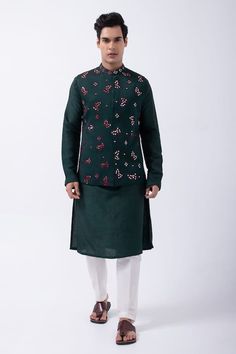 Bottle green linen satin bundi jacket with mirror and thread embroidery. - Aza Fashions Pajama Pattern, Kurta Set For Men, Silk Kurta, Nehru Jackets, Kurta With Pants, Satin Color, Thread Embroidery, Jacket For Men, Silk Pajamas