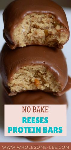 no bake reeses protein bars are stacked on top of each other