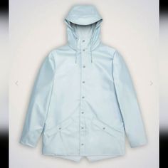 Rains Denmark Size Xl Unisex Color Sky (Light Blue) Snap Closure Pockets Waterproof Hooded Blue Parka For Spring Streetwear, Blue Hooded Parka For Spring, Blue Outerwear With Adjustable Hood For Spring, Blue Weatherproof Hooded Jacket For Fall, Blue Spring Outerwear With Adjustable Hood, Blue Winter Raincoat For Outdoor Activities, Light Blue Hooded Outerwear For Fall, Light Blue Outerwear With Drawstring Hood For Fall, Blue Weatherproof Raincoat For Winter