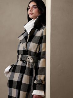 Plaid Trench Coat | Banana Republic Factory Classic Belted Outerwear For Fall, Classic Fall Outerwear With Belt, Winter Workwear Outerwear With Belt Detail, Fall Outerwear With Belt Loops, Wool Outerwear With Belt Loops For Fall, Wool Outerwear With Belt Loops For Work, Winter Long Coat With Belt Loops, Fitted Winter Outerwear With Belt Loops, Long Fall Coat With Belt Detail