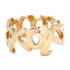 Celebrate love and luxury with this iconic Tiffany & Co Paloma Picasso XO Gold Ring. Meticulously crafted in lustrous 18k yellow gold, this elegant ring features a unique XO design inspired by Paloma Picasso's passion for art and romance, making it a timeless and meaningful piece that symbolizes hugs and kisses. Ring Size: 5 Rise off Finger: 1.5 mm Width: 9.9 mm Weight: 3.7 dwts. / 5.7 grams Stamps: "750 TIFFANY & CO PALOMA PICASSO" Layaway: * We offer a very flexible layaway plan! We ask for a Xo Design, Paloma Picasso, 18k Yellow Gold Ring, Tiffany And Co, Elegant Ring, Paloma, Tiffany & Co., Gold Ring, Fashion Rings