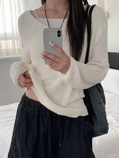 Women's Solid V-Neck Loose Casual Sweater, Autumn Apricot Casual  Long Sleeve Knitwear Plain Pullovers Medium Stretch Spring/Fall Women Clothing, size features are:Bust: ,Length: ,Sleeve Length: Sweater Autumn, Oversize Casual, Casual Sweater, Women Sweaters, White Sweater, Casual Sweaters, Kids Beachwear, White Sweaters, Knitwear Women