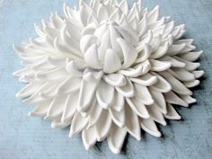 a large white flower sitting on top of a blue table