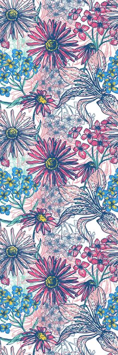 an abstract floral design with blue, pink and yellow flowers on a white background fabric