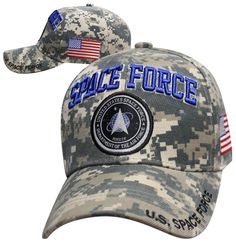 Looking for a US Space Force Cap? Here is a Digital Camo U.S. Space Force Cap great for any American Patriot who supports our military. Makes a great gift for a veteran or any patriot! Fabric Content: 100% Polyester, 6 panels 3D Embroidery on Crown 6 Panel Digital Camo Cap Embroidery on Bill Oversized Insignia on Wearer's RIght Side Embroidered American Flag on Wearer's Left Side 1 Color Print on Undervisor Reinforced Front Hook & Loop fastener in back allows for an adjustable and custom fit Military Cap For Memorial Day, Military Hats For Memorial Day Sports, Military Hats For Sports, Military Style Hat For Sports On Memorial Day, Patriotic Sports Hat For Veterans Day, Patriotic Baseball Cap For Veterans Day Sports Events, Us Space Force, Cap Embroidery, Space Force