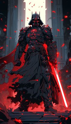 darth vader standing in front of a giant red light with his lights on