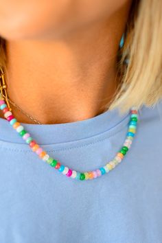 Add a pop of color to your outfit with our Rainbow Necklace Luxe - Confetti Gemstone! This on trend necklace stack features vibrant gemstones, so unique, making it a best seller with five stars. Stand out and be the envy of others with this playful and stylish piece. Product Details: 16" lobster claw 2" extender Fun Multicolor Everyday Jewelry, Trendy Crystal Necklace With Beaded Chain, Trendy Multicolor Jewelry For Everyday, Trendy Single Strand Everyday Necklace, Trendy Multicolor Everyday Jewelry, Trendy Rainbow Beaded Necklaces With Round Beads, Trendy Rainbow Beaded Necklace With Round Beads, Trendy Jewelry With Colorful Round Beads, Fun Adjustable Necklace For Everyday