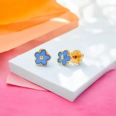 Add a fun twist to your little one's look with these Classic Gold Kids Earrings adorned with dainty blue flowers. Made with hypoallergenic stainless steel posts and 14k gold plating, these earrings are both fun and gentle on sensitive ears. They're so comfy, they can even sleep in them! A dainty addition to any kid's jewelry collection! Mother's Day Games, Gold Bracelets Stacked, Stud Earrings Unique, Small Chandelier, Tiny Studs, Kids Earrings, Tiny Stud Earrings, Childrens Room Decor, Novelty Items