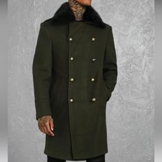 Boohooman Military Style Peacoat - Army Green Men’s Medium New With Tags Button Is Missing On One Shoulder However The Coat Comes With Additional Buttons Military Style Outerwear With Lapel Collar And Button Closure, Khaki Double-breasted Pea Coat For Winter, Military Outerwear With Lapel Collar And Buttons, Military Outerwear With Buttons And Lapel Collar, Military Style Pea Coat With Double Button Closure, Khaki Pea Coat With Button Closure For Winter, Winter Khaki Pea Coat With Button Closure, Fitted Khaki Pea Coat With Button Closure, Winter Pea Coat With Buttons And Collar