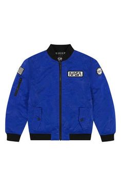 Your little one gets two looks on one hanger with this reversible jacket that features NASA graphics on one side and a scenic moon landing on the other. Front zip closure Split kangaroo pocket Lined, with recycled-polyester fill 100% polyester Machine wash, tumble dry Imported Blue Long Sleeve Outerwear With Logo Patch, Blue Winter Outerwear With Logo Patch, Casual Blue Outerwear With Logo Patch, Boy Outerwear, Moon Landing, Reversible Jacket, Big Boys, Tumble Dryer, Outerwear Jackets