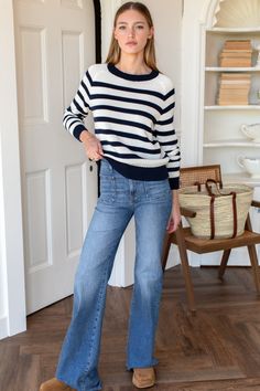 Organic cotton, Breton stripe sweater - wardrobe essential always good to have. Organic cotton Raglan style sweater Standard sleeve length Model is wearing a size small Hand wash and lay flat to dry Made in LA XS: Bust 36", Length 20 3/4" S: Bust 38", Length 21" M: Bust 40", Length 21 1/4" L: Bust 42", Length 21 1/2" Cotton Sweater With Contrast Stripes In Relaxed Fit, Relaxed Fit Cotton Sweater With Contrast Stripes, Classic Striped Cotton Sweater, White Striped Hem Sweater For Fall, Striped Cotton Sweater With Striped Hem, Striped Cotton Sweater In Relaxed Fit, Striped Relaxed Fit Cotton Sweater, Striped Cotton Sweater Relaxed Fit, Striped Cotton Sweater For Fall