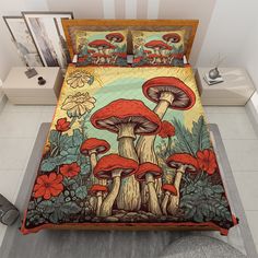 a bed covered in a colorful mushroom themed comforter and matching pillow cases with decorative artwork