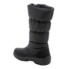 a pair of black snow boots on a white background, with the bottom part of the boot