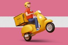 a man riding on the back of a yellow scooter with a box strapped to it