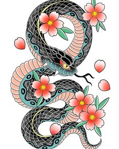 a snake with flowers on it's back and the letter s in the middle