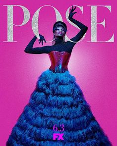 a woman in a blue and red dress on the cover of pose magazine