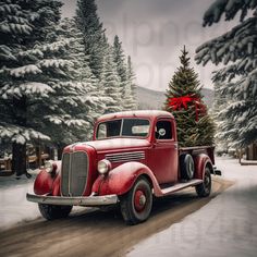 an old red truck with a christmas tree on the back driving down a snowy road