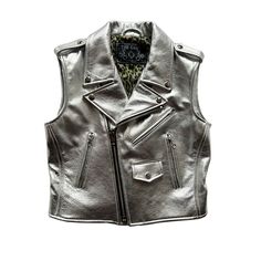 Cropped Bowery Leather Motorcycle Vest-*3” inches shorter in length than our regular cut Women’s Bowery Jacket, great to wear with a high waisted pant-Metallic Silver Cowhide-Green/Cream Leopard Satin Lining-2 Interior Pockets-Shiny Nickel Hardware-Slim-Fitting-Heirloom Quality-Made in New York City ***Custom Orders Available!!! Try out THE CUSTOMIZERPlease call us at (212) 228-2020 or email info@thecast.com with inquiries.Choose your own leather, lining, hardware, + measurements, etc. 3-4 weeks production time. Motorcycle Vest, Shirt Vest, Leather Denim, Nickel Hardware, Vest Shirt, Green Cream, Vest Top, High Waisted Pants, Leather Men