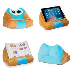 three different types of stuffed animals with an ipad and book on them, one in the middle