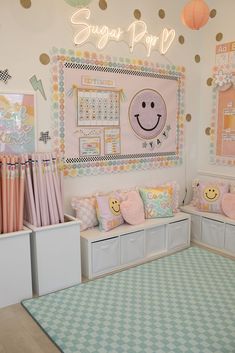 a child's room with lots of toys and decorations on the wall, including storage bins