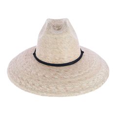 This Cabo lifeguard sun hat is made from locally sourced palm leaf straw and hand-sewn in Mexico. The straw is natural and shows the true palm leaf shading and coloring. The elastic sweatband provides extra comfort for all day wear and the adjustable chin strap helps to keep the hat in place on windy days. Made of Palm Leaf Natural Toquilla Straw Boater Hat, Woven Panama Hat With Curved Brim From Palm Leaf, Natural Toquilla Straw Hat With Wide Brim, Woven Palm Leaf Straw Hat With Curved Brim, Curved Brim Woven Straw Hat, Artisan Straw Sun Hat With Short Brim, Artisan Natural Panama Hat For Vacation, Artisan Straw Hat With Curved Brim In Natural Color, Natural Toquilla Straw Hat