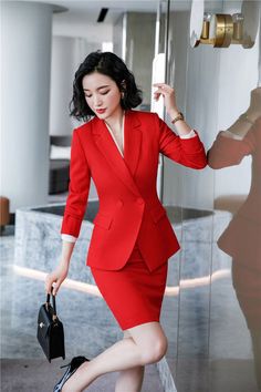 Jacket And Skirt Set, Formal Clothing, Womens Suits Business, Work Suits, Business Style, Work Skirts, Wine Color, Business Suit, Formal Style