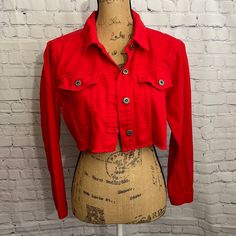 Us Size 8 Red 100% Cotton Casual Red Collared Outerwear, Trendy Red Collared Outerwear, Casual Red Long Sleeve Denim Jacket, Red Winter Denim Jacket, Casual Red Cotton Outerwear, Red Spring Outerwear With Pockets, Red Denim Jacket With Pockets For Spring, Casual Red Denim Jacket With Pockets, Trendy Red Top With Pockets