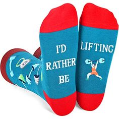 WEIGHT LIFTING SOCKSBlue powerlifting socks are printed with: Dumbbells, Barbells, Kettle and other fitness equipment and fitness essentials. Besides, this pair of lifting socks on the bottom sewn a hidden message: "I'D RATHER BE LIFTING." Wear these weightlifting socks to the gym and you'll feel powerful and different.SIZE & PACKINGBarbell Socks. Unisex design fits most men US size 6-13 feet and most women US size 7 and up. 1 pair comes in each plastic zippered ZMART bag.QUALITY MATERIALWei Functional Gym Socks, Gifts For Powerlifters, Gym Teacher Gifts, Gym Rat Gift, Weight Lifting Straps, Gifts For Boat Owners, Fitness Essentials, Socks Gifts, Crossfit Gifts