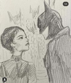 a drawing of two people standing next to each other in front of a batman mask