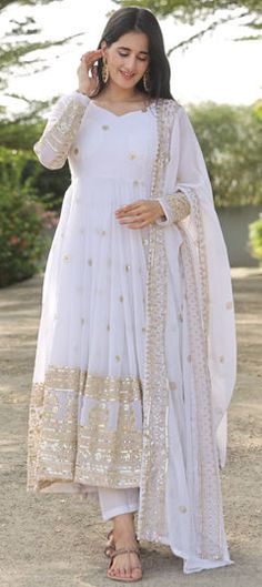 White and Off White color Salwar Kameez in Georgette fabric with Embroidered, Sequence, Thread work White Sharara With Dabka Work For Reception, White Unstitched Suit With Intricate Embroidery For Reception, White Salwar Kameez For Reception And Festivals, White Dabka Work Dupatta For Wedding, White Dabka Work Wedding Dupatta, White Wedding Dupatta With Dabka Work, White Mirror Work Georgette Anarkali Set, White Mirror Work Salwar Kameez For Wedding, White Salwar Kameez With Mirror Work For Wedding