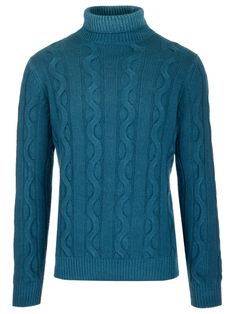 Blue turtleneck in wool silk and cashmere cable-knit with ribbed hems from Al Duca d'Aosta. Wool Cable Knit High Neck Sweater, Merino Wool Cable Knit Funnel Neck Sweater, Merino Wool Cable Knit Sweater With Funnel Neck, Turtleneck For Men, Blue Turtleneck, Cable Knit, Buy Now, Cashmere, Online Shop