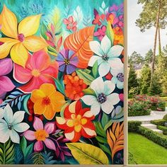 two pictures side by side, one with colorful flowers and the other with green grass