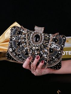 Bird in Bag - Exquisite Black Beaded and Rhinestone Embroidery Womens Evening Clutch and Handbag - Ideal for Dinner Parties, Proms, Weddings, and Formal Events, Expertly Designed to Complement Evening Dresses and Gowns. Versatile - Can be held in Hand, Worn on the Shoulder or Crossbody, Comes with a Stylish Metal Chain. Glamorous Embellished Evening Bag For Events, Glamorous Hand-embellished Evening Bag For Events, Glamorous Hand Embellished Evening Bag For Events, Hand Embellished Black Evening Bag, Black Hand Embellished Evening Bag, Elegant Black Hand-embellished Clutch, Elegant Black Hand-embellished Bag, Elegant Hand Embellished Black Bag, Elegant Black Hand Embellished Clutch