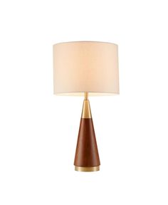 a table lamp with a brown base and a white shade on the top of it