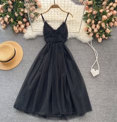 Elegant V-neck Tulle Mini Dress, Black V-neck Midi Dress For Summer, Black Tulle Dress With Spaghetti Straps, Black Tulle Spaghetti Strap Dress, Black V-neck Mesh Dress For Summer, Black Sheer V-neck Midi Dress, Chic Black V-neck Dress For Summer, Spring Dresses With Spaghetti Straps And Tulle Skirt, Spring Mini Dress With Tulle And Spaghetti Straps