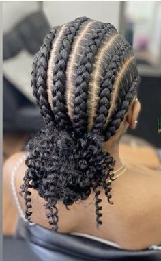 Cornrows bun braided hairstyle curly hair low bun slick clean hair braids Braided Cornrow Hairstyles With Beads, Stitch Braids Cornrows With Bun, Crownrows Braids, Curly Cornrows Braids, Cornrow Hairstyles With Beads, Curly Hair Low Bun, Cornrow Bob, Feed In Braids Into Low Bun, Cornrows Bun