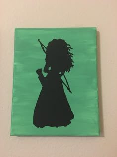 a painting of a woman holding a bird on a green background with the silhouette of a girl