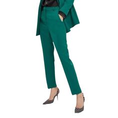 -Slender Suit Pants -2 Handy Pockets -Sleek Ankle-Grazing Hem Tailored Ankle-length Pantsuit For Party, Party Ankle-length Tailored Dress Pants, Green Tapered Leg Pants For Office, Elegant Tapered Leg Dress Pants For Party, Sleek Spring Office Dress Pants, Green Ankle-length Dress Pants For Office, Tailored Green Dress Pants For Office, Formal Straight Leg Pants For Spring, Formal Stretch Green Pants