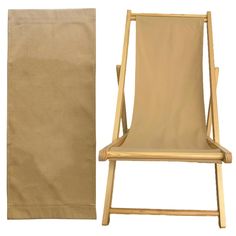 a wooden chair next to a brown bag on top of a white background and a tan cloth