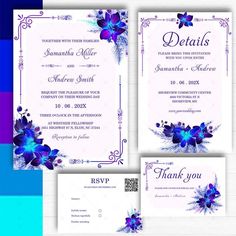 wedding card with blue flowers on the front and purple flower on the back, in two different colors