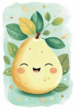 an illustration of a pear with leaves on it's head and eyes, smiling