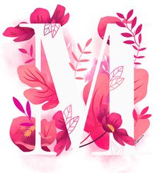 the letter m is made up of pink flowers and leaves on a white background with watercolor splashes