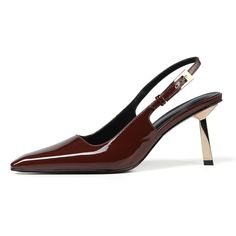 Sling Backs Will Elevate Any Look Thanks To The Shiny Sculptural Heels. They've Been Made From Glossy Patent Leather And Have An Exaggerated Gold-Tone Buckle. The Black/Burgundy/Brown Shade Is Endlessly Versatile. Sling Back Straps Make It Easy To Put The Stiletto Heels On. The Closed Square Toe And Large Metallic Buckles Give The Pumps A Stylish Look. Great Match With Dresses, Skirts, Stockings, Pants, And Jeans. The Rubber Sole And The Gold Metal Stiletto Heel Provide Support And Stability, Ea Sculptural Heels, Gold Stiletto Heels, Sling Back Heels, Brown Shade, Womens Stilettos, Square Toe Heels, Kitten Heel Pumps, Work Style, Brown Heels