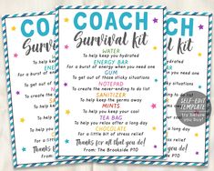 two printable coach survival kit cards with the words,'coach survival kit '