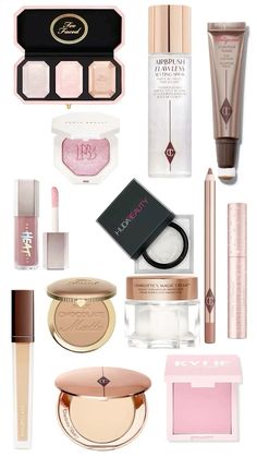 Aesthetic Charlotte Tilbury, Fenty Beauty Powder, Best Powder Highlighter, Huda Beauty Powder, Huda Beauty Blush, Charlotte Tilbury Bronzer, Too Faced Blush, Bombshell Makeup, Makeup Routines