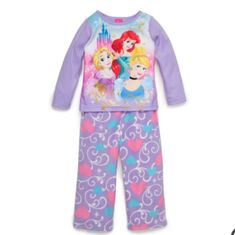 Cute And Snuggly, This Girls' Disney's Pajama Set Featuring All Time Favorite Disney Princesses Has A Classic Cozy Look. Very Soft For Your Princess! Sweet Pastel Shades And Her Favorite Princesses Adorn These Comfy Pajamas From Disney Princess. 2-Piece Set Includes: Top & Pants Top: Crewneck, Long Sleeves Pants: Elastic Waistband Soft Fleece Fabric Character Print Long Sleeve Sleepwear For Sleepover, Winter Sleepwear With Character Print Long Sleeves, Winter Long Sleeve Sleepwear With Character Print, Cute Long Sleeve Character Print Sleepwear, Disney Long Sleeve Sets With Character Print, Cute Long Sleeve Sleepwear With Character Print, Cute Purple Long Sleeve Sleepwear, Long Sleeve Disney Sleepwear For Bedtime, Disney Long Sleeve Sleepwear For Pajama Party