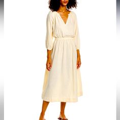 Monrow Open Back Gauze Dress Cream Mid-length Summer Midi Dress, Cream Mid-length Midi Dress For Summer, Cream Midi Dress For Summer, Summer Cream Midi Dress, Chic Mid-length V-neck Dress For Brunch, Cream Mid-length Dress For Brunch, V-neck Maxi Dress For Daytime, Spring Sundress V-neck For Daywear, Feminine Mid-length Maxi Dress For Beach